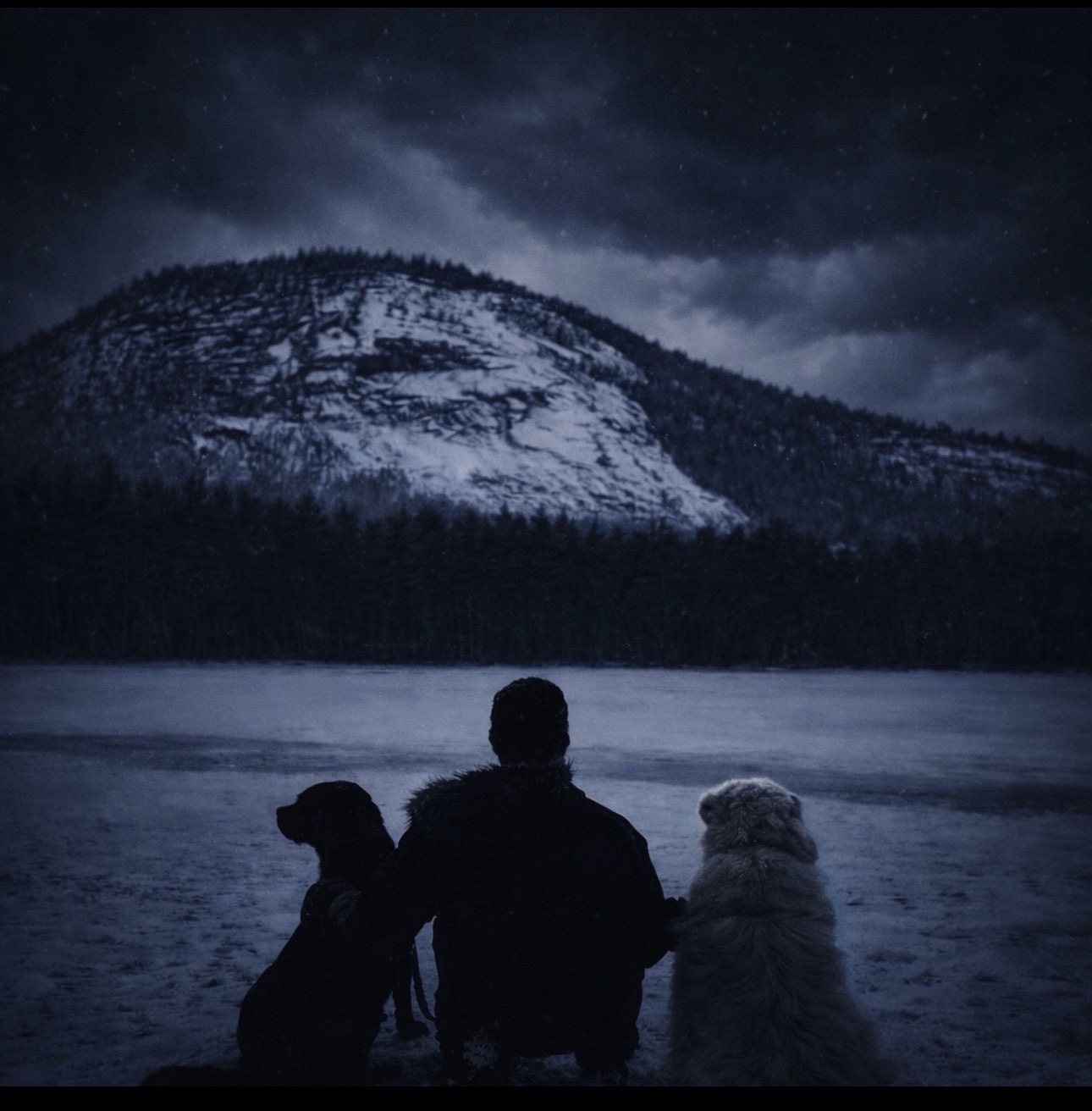 Janzen Knox with two dogs overlooking a snowy mountain lake