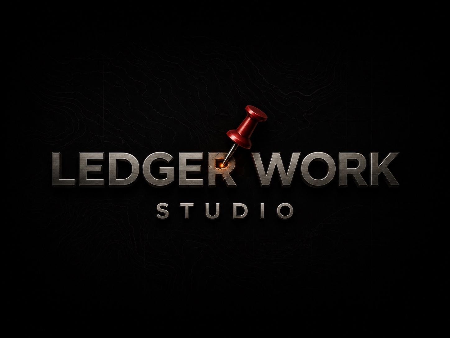 Ledger Work Studio metallic logo marked by a red map pin